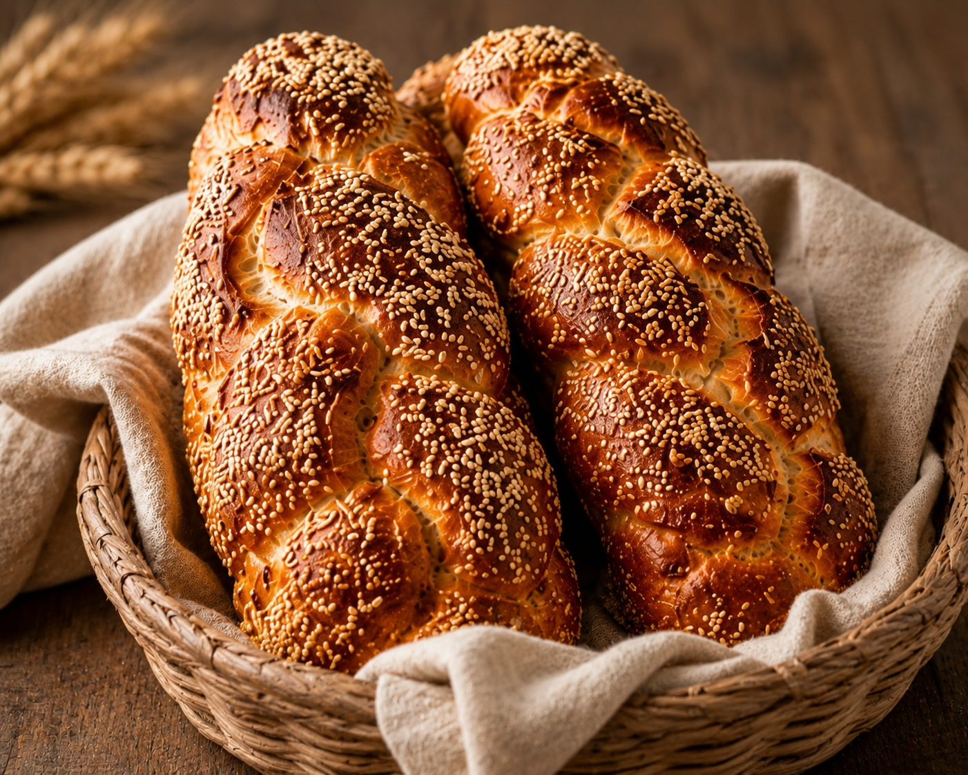 Large braided sourdough challah loaves coated with sesame seeds