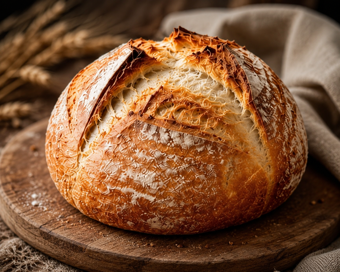 Round classic country sourdough boule with a large score on top