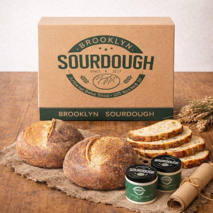 Brooklyn Sourdough gift box with two artisan boules, sliced bread and signature spreads