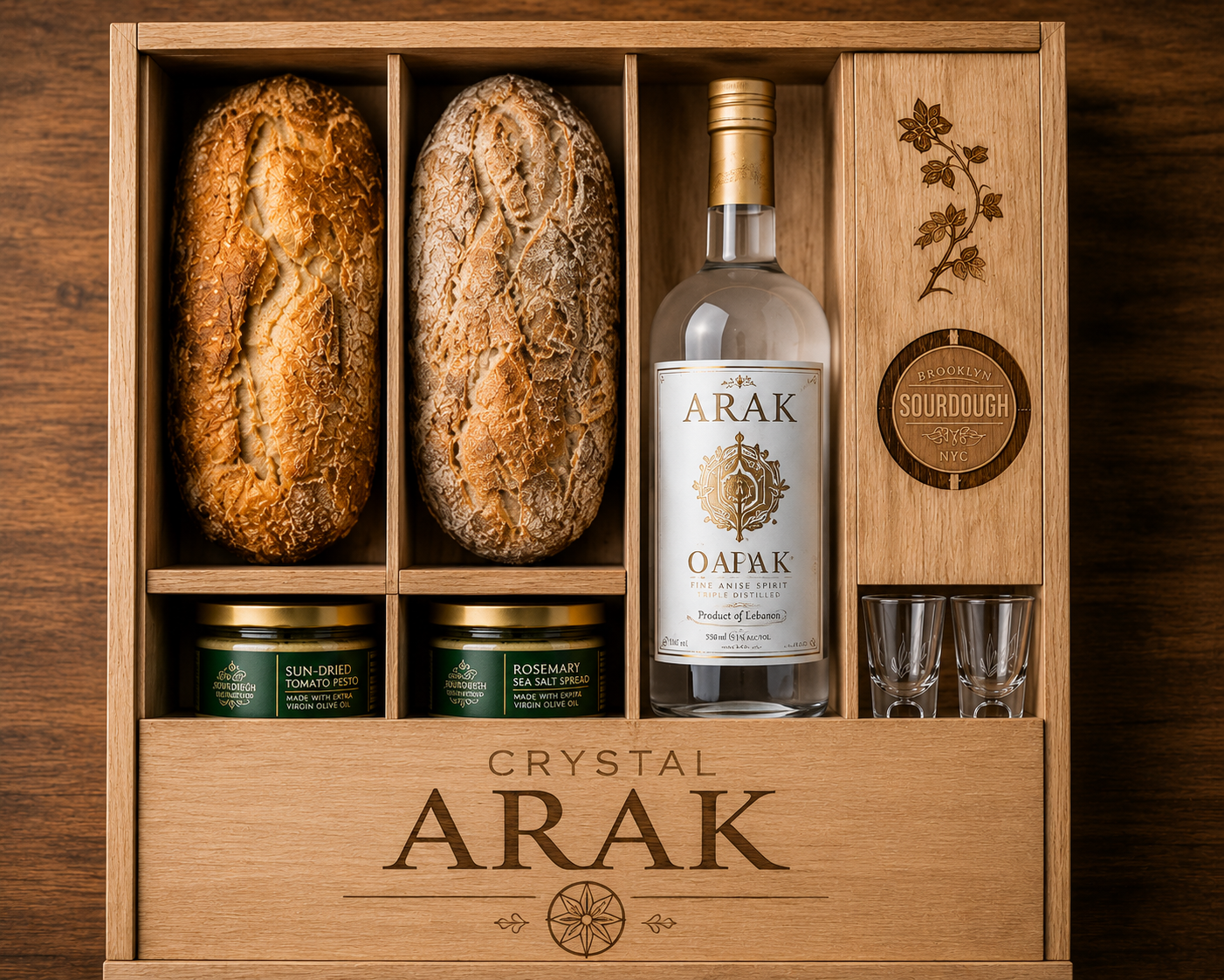 Crystal Arak wooden gift box with two sourdough loaves, arak, savory spreads and tasting glasses