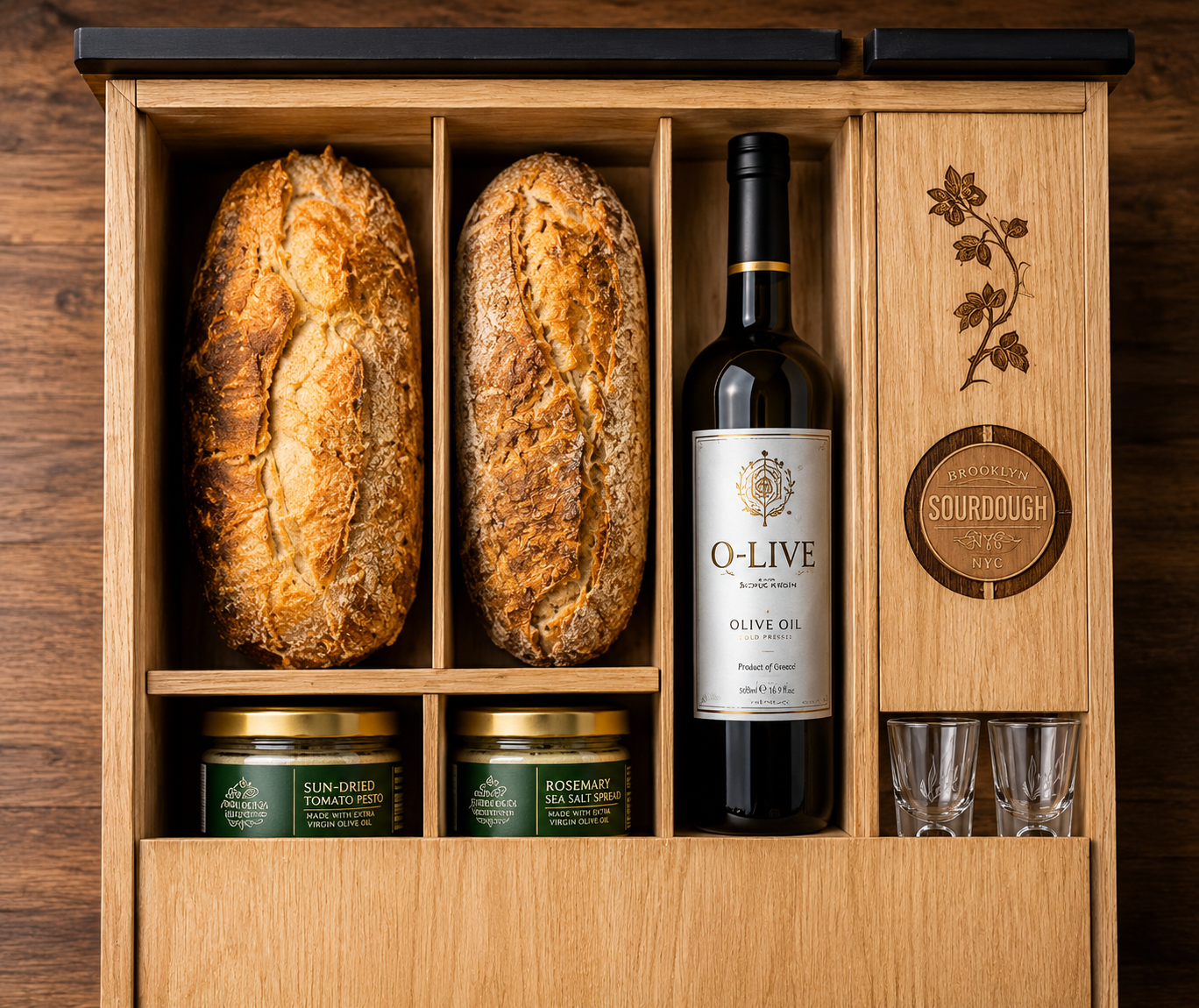 Wooden Brooklyn Sourdough gift box with two loaves, olive oil, savory spreads and tasting glasses