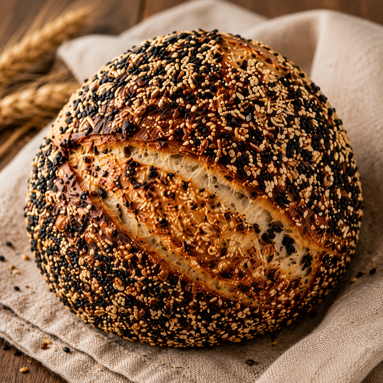 Round sourdough boule heavily coated in black and white sesame seeds
